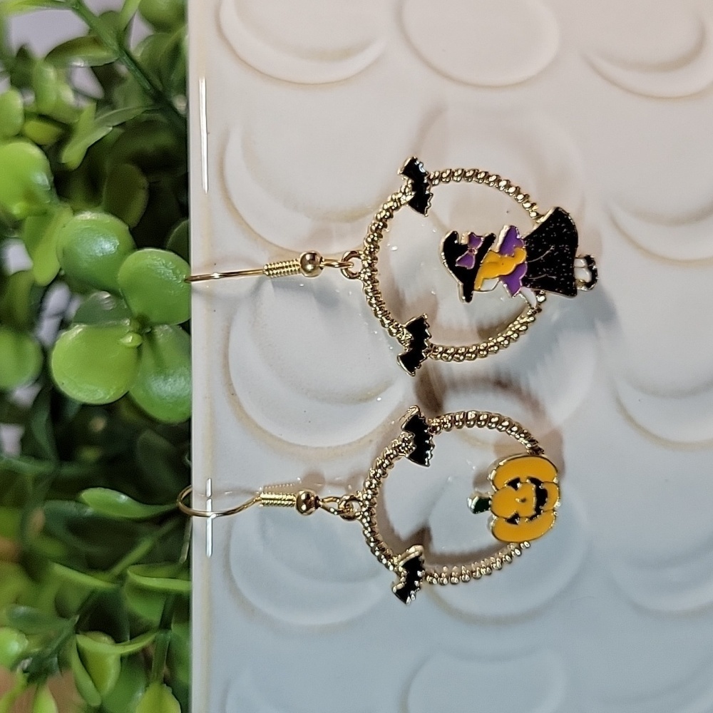 🔥LAST PAIR🔥 Little Witch and Happy Pumpkin Drop Hoop Earrings